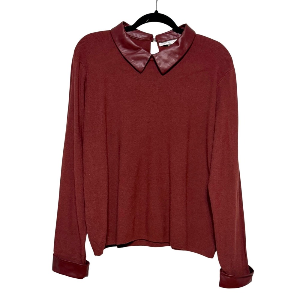 Elegant Burgundy Sweater with Faux Leather Collar